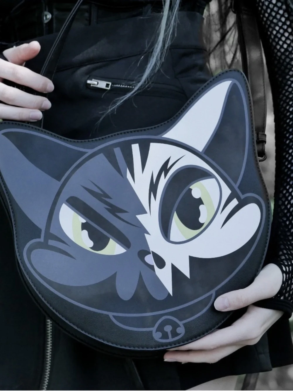 Killstar Two-Tone Cat Face Crossbody Bag - Black, Gray, White